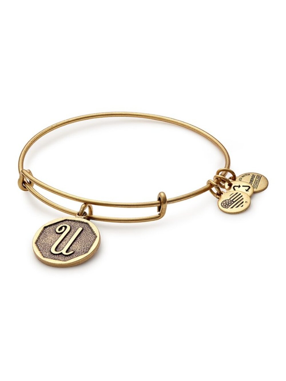 Alex and Ani Initial U Bangle Bracelet Gold Tone Adjustable Wire Made in USA NEW